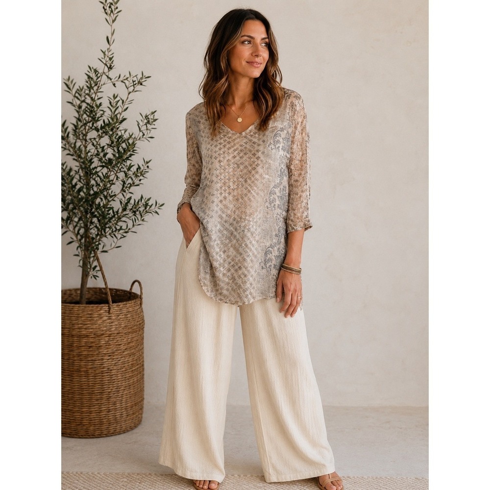 Johnny Was Silk Tunic Top Small Damask Mixed Print Boho Quiet Luxury